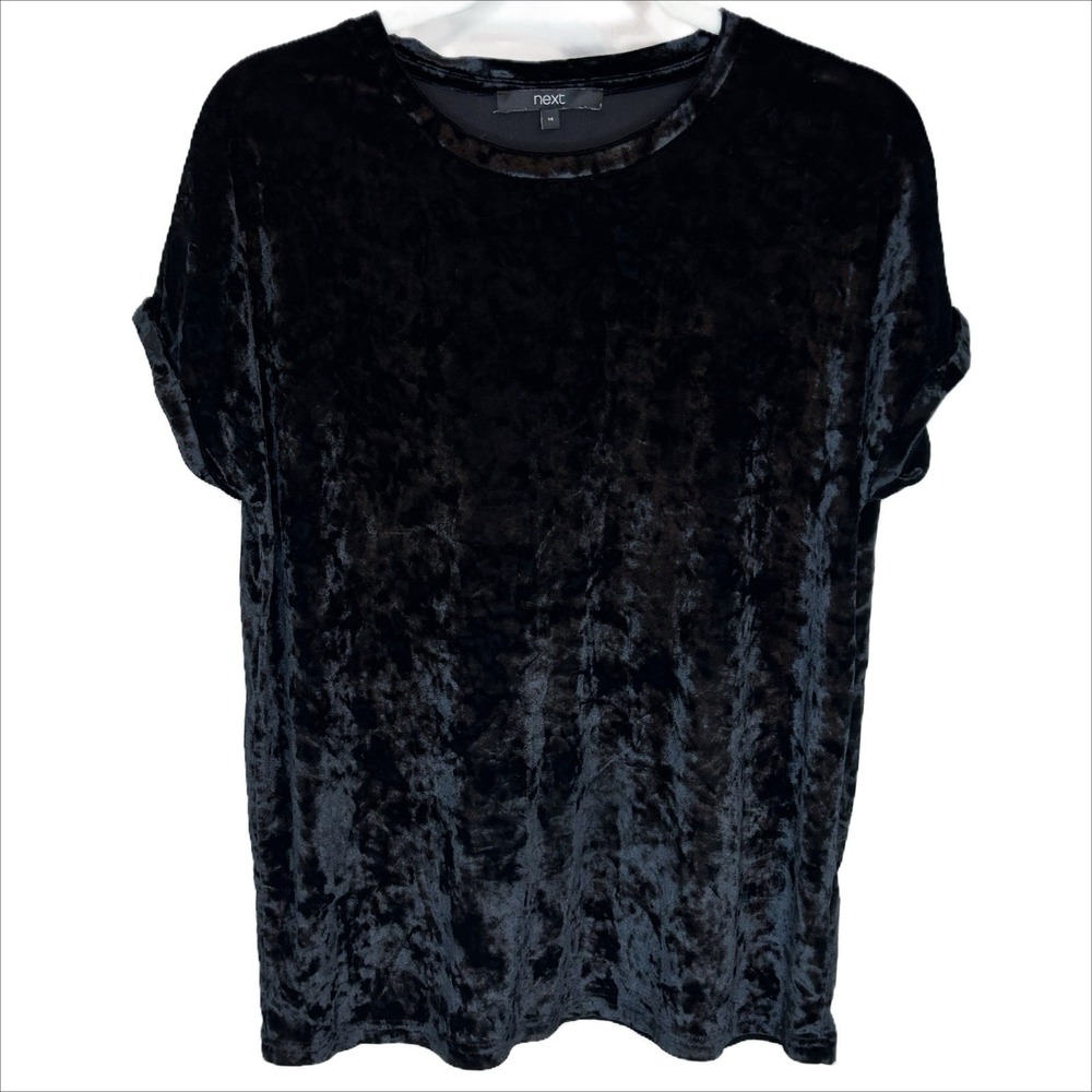 NEXT Black Crushed Velvet Top UK 14 US 10 Medium Holiday Party Shirt Blouse Goth
